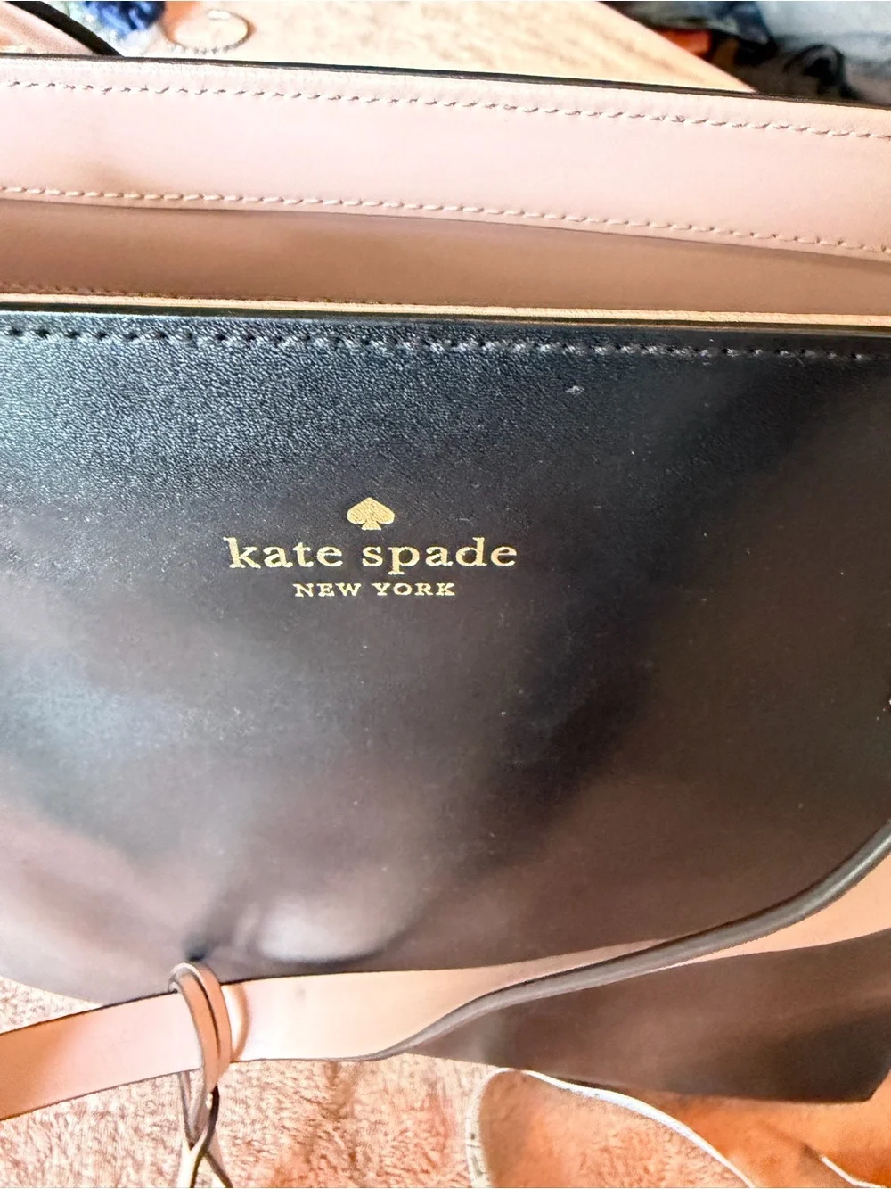kate spade black tote with cream straps and floral charm